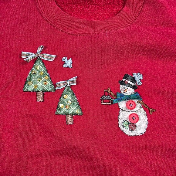 Vintage Jerzees XL Adults Red Snowman Tree Holiday Sweatshirt Christmas Sweater - Picture 5 of 9